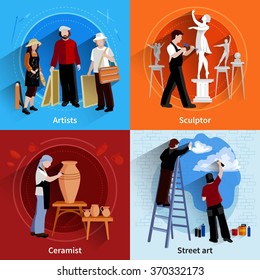 Flat 2x2 images set of artists sculptor ceramist and street art painters vector illustration