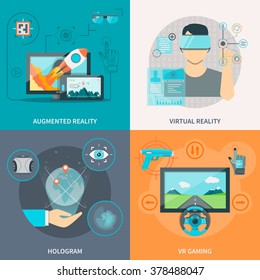 Flat 2x2 Images Set Of Augmented And Virtual Reality Hologram And VR Gaming Vector Illustration