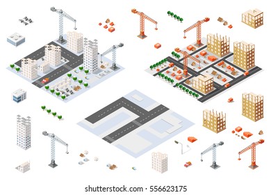 Flat 3d Architectural Set Isometric Creative Planning, Web Infographic Vector. Skyscraper Building Sketch Plan Construction Place Builders Crane Process. Kit Of Lorry, Business, Innovation Concept.