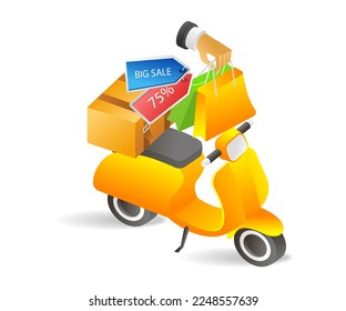 Flat 3d concept isometric illustration delivering online shopping goods to customers