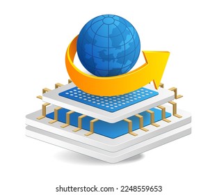 Flat 3d concept isometric illustration of earth rotating on high tech chip