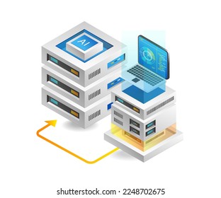 Flat 3d concept isometric illustration of server analysis artificial intelligence