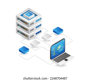 Flat 3d concept isometric illustration radar network artificial intelligence analyst data server