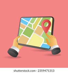 Flat 3d concept isometric illustration of a hand pointing at a location map