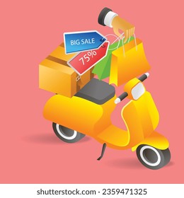 Flat 3d concept isometric illustration delivering online shopping goods to customers