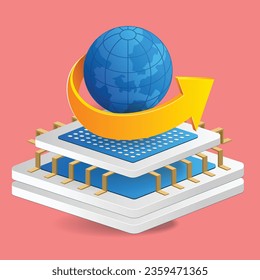 Ilustración isométrica de la tierra girando en chip de alta tecnología