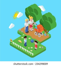 Flat 3d family parenting children kids people concept. Isometric parents in park mother father pram buggy girl boy son daughter. Website click for infographics design web elements vector illustration.