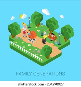 Flat 3d family parenting generations children kids people concept. Mother in park pram buggy girl daughter granny grandmother. Website infographics web design isometric elements vector illustration.
