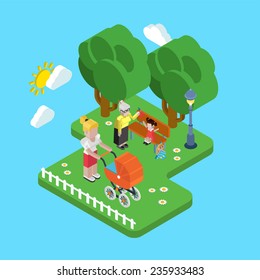 Flat 3d family parenting generations children kids people concept. Mother in park pram buggy girl daughter granny grandmother. Website infographics web design isometric elements vector illustration.