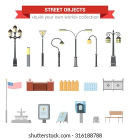 Flat 3d high quality city street urban objects icon set. Street lights, citylight, fence, usa flag, fountain, sign, street phone, bench.  Build your own world web infographics collection.