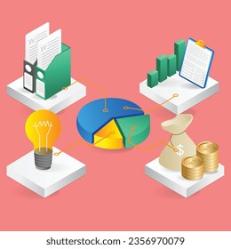 Flat 3d illustration concept isometric pie chart investment business infographic