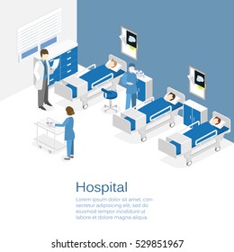 Flat 3D illustration Isometric interior of hospital room. Doctors treating the patient.