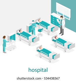 Flat 3D illustration Isometric interior of hospital room. Doctors treating the patient.