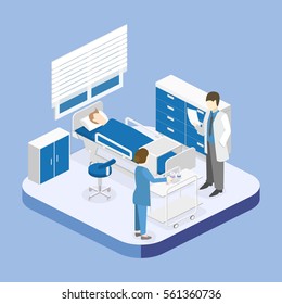 Flat 3D illustration Isometric interior of hospital room. Doctors treating the patient.