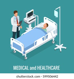Flat 3D Illustration Isometric Interior Of Hospital Room. Doctors Treating The Patient. Hospital Clinic Interior Operation Ward Cells Flat 3d Isometry Isometric Concept Web Vector Illustration. 
