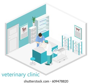 Flat 3D illustration Isometric interior of veterinary clinic. The veterinarian treats the pet