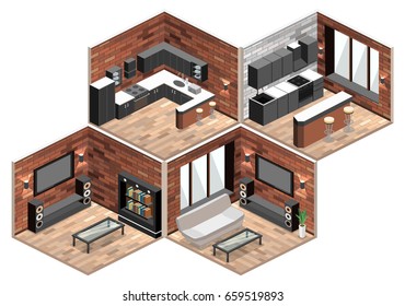 flat 3D isolated concept vector cutaway interior Living room interior in isometric view. loft apartment with brick wall.
