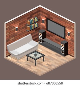 Flat 3D Isolated Concept Vector Cutaway Interior Living Room Interior In Isometric View. Loft Apartment With Brick Wall.