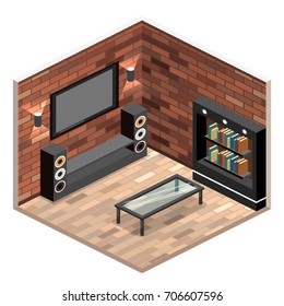 flat 3D isolated concept vector cutaway interior Living room interior in isometric view. loft apartment with brick wall.