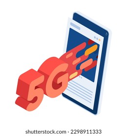 Flat 3d Isometric 5G high Speed Network Come Out From Social Media. 5G High Speed Network Technology and Wireless Internet Connection