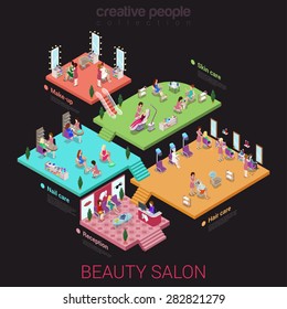 Flat 3d isometric abstract beauty salon office building floor interiors concept vector web infographics illustration. Reception nail hair skin care makeup. Creative people offices collection.