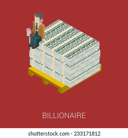 Flat 3d Isometric Abstract Billionaire, Oligarch, Rich Man, Millionaire, Capitalist Web Concept Vector Icon. Businessman With Glass Of Wine Sitting On Pallet Of Dollar Banknotes. 