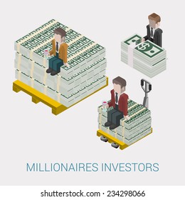 Flat 3d Isometric Abstract Billionaire, Oligarch, Rich Man, Millionaire, Capitalist Web Concept Vector Icon Set. Businessman With Glass Of Wine Sitting On Pallet Of Dollar Banknotes. Big Money.