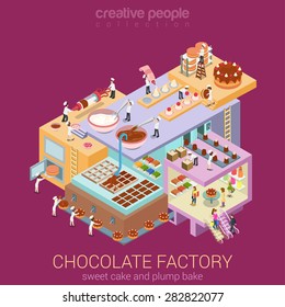 Flat 3d isometric abstract chocolate factory building floors interior departments concept vector. Confectionery workshop sweet bakery pastry cake creme brownie pie. Creative business people collection