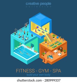 Flat 3d isometric abstract gym fitness spa salon center floor interior departments concept vector. Water pool massage health lifestyle stairs. Creative people collection.