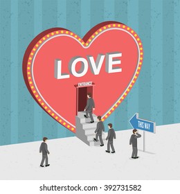 Flat 3D Isometric Abstract Love Concept Vector.  Man Waiting In Line For Dating. Find Someone To Love. Blind Date. Speed Date. Friendship Associated