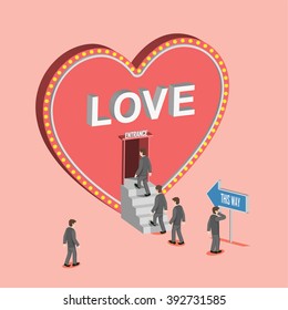 Flat 3D isometric abstract love concept vector.  Man waiting in line for dating. Find someone to love. Blind date. speed date. Friendship associated