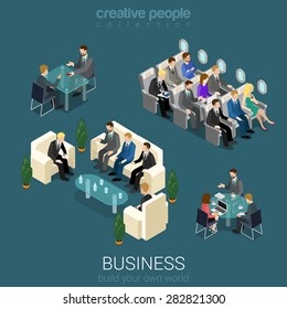 Flat 3d Isometric Abstract Office Building Floor Interior Detail Elements Concept Vector. Negotiations Meeting Room Business Lunch Airplane Trip Seats. Creative People Business World Collection.