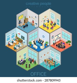 Flat 3d Isometric Abstract Office Interior Room Cells Company Workers Staff Concept Vector Infographics. Reception, Meeting Conference, Training Class, Accounting, Open Space. Creative Business People