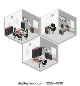 Flat 3d isometric abstract office floor interior departments concept vector.