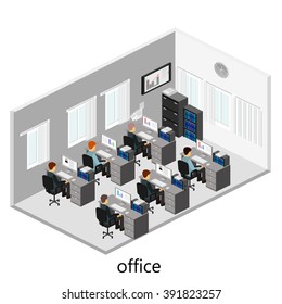 Vector de concepto de departamentos interiores abstractos de oficina 3D isométricos.