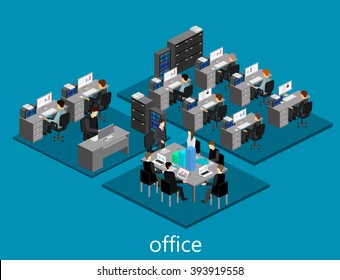 Flat 3d Isometric Abstract Office Floor Interior Departments Concept Vector.