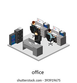 Flat 3d isometric abstract office floor interior departments concept vector.