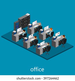 Flat 3d isometric abstract office floor interior departments vector.