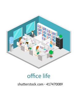 Flat 3d isometric abstract office floor interior departments concept vector.  Office life. Office workspace. People working in offices. Office room. Offices with partitions