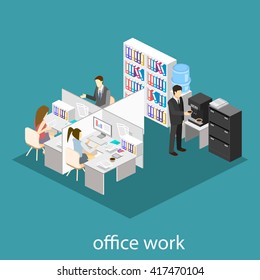 Flat 3d isometric abstract office floor interior departments concept vector.  Office life. Office workspace. People working in offices. Office room. Offices with partitions