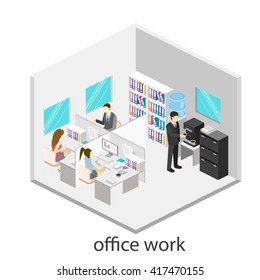 Flat 3d isometric abstract office floor interior departments concept vector.  Office life. Office workspace. People working in offices. Office room. Offices with partitions