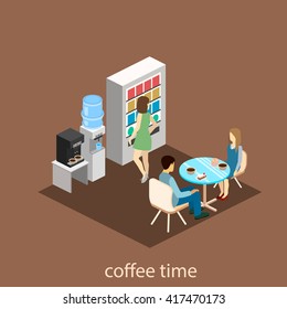 Flat 3d isometric abstract office floor interior departments concept vector.  Office life. Office workspace. People working in offices. Office room. Offices with partitions