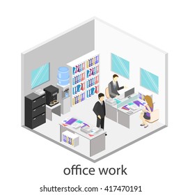 Flat 3d isometric abstract office floor interior departments concept vector.  Office life. Office workspace. People working in offices. Office room. Offices with partitions