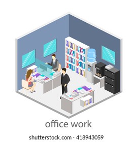 Flat 3d isometric abstract office floor interior departments concept vector.  Office life. Office workspace. People working in offices. Office room. Offices with partitions