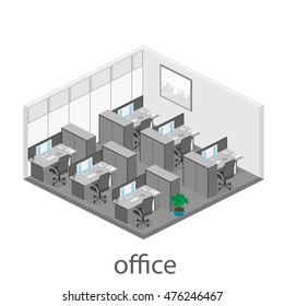 Flat 3d isometric abstract office floor interior departments concept vector. illustration of office