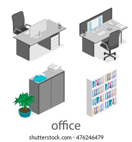 Flat 3d isometric abstract office floor interior departments concept vector. illustration of office