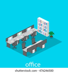 Flat 3d isometric abstract office floor interior departments concept vector. illustration of office