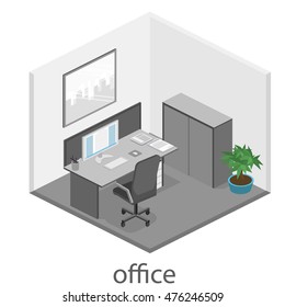 Flat 3d isometric abstract office floor interior departments concept vector. illustration of office
