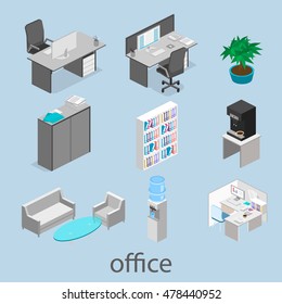 Flat 3d isometric abstract office floor interior departments concept vector. illustration of office