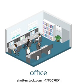 Flat 3d isometric abstract office floor interior departments concept vector. interior of room
